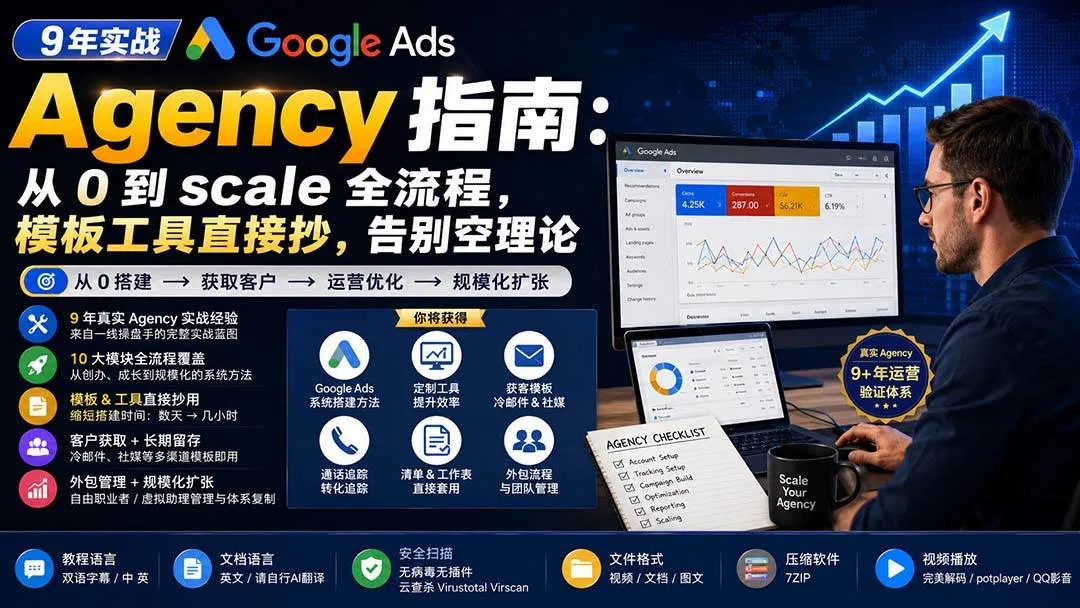 （20139期）9 年实战 Google Ads Agency 指南：从 0 到 scale 全流程，模板工具直接抄，告别空理论【原创双语字幕】-梦帆创业网