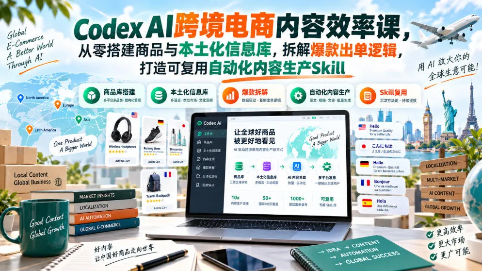 Codex AI跨境电商内容效率课，从零搭建商品与本土化信息库，拆解爆款出单逻辑，打造可复用自动化内容生产Skill-梦帆创业网