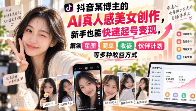 抖音某博主的AI真人感美女创作，新手也能快速起号变现，解锁星图，商单，收徒，伙伴计划等多种收益方式-梦帆创业网