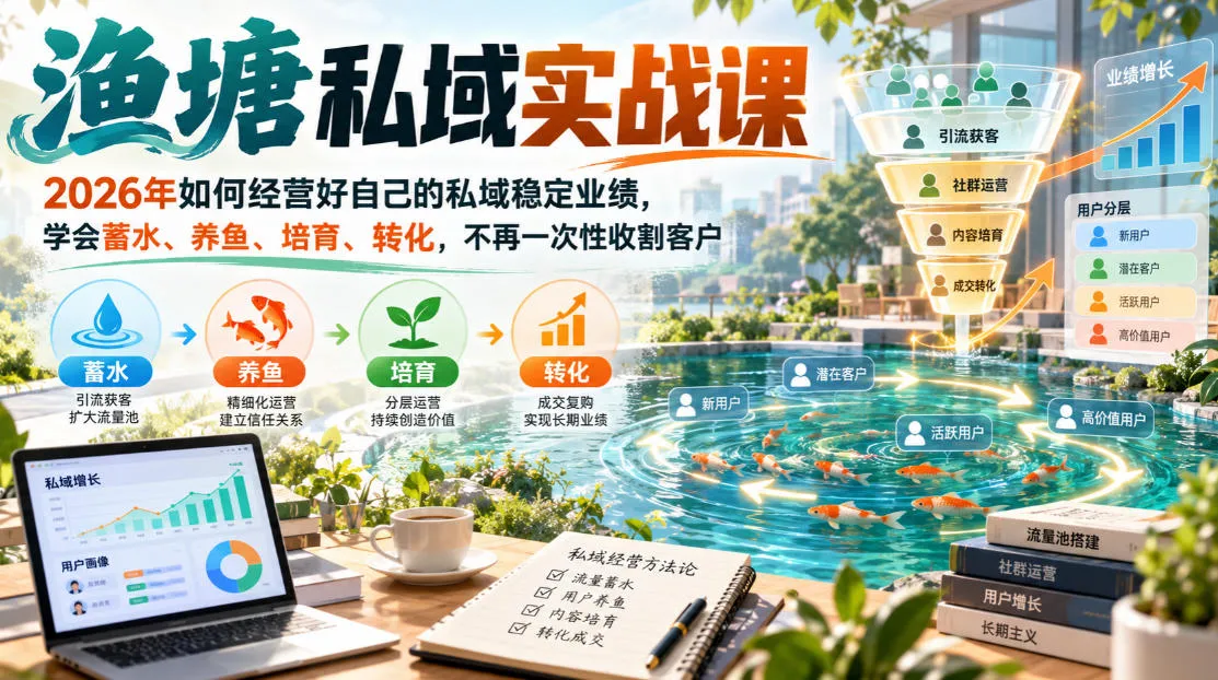 渔塘私域实战课,2026年如何经营好自己的私域稳定业绩,学会蓄水、养鱼、培育、转化,不再一次性收割客户 渔塘私域实战课,2026年如何经营好自己的私域稳定业绩,学会蓄水、养鱼、培育、转化,不再一次性收割客户