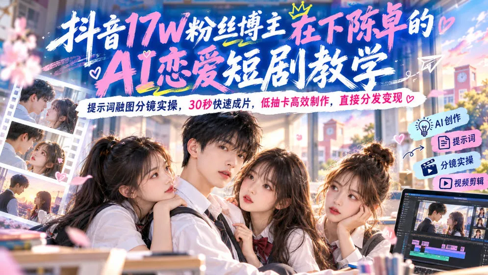 抖音17W粉丝博主在下陈卓的AI恋爱短剧教学，提示词融图分镜实操，30秒快速成片，低抽卡高效制作，直接分发变现-梦帆创业网