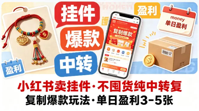 小红书卖挂件，不囤货纯中转复制爆款玩法，单日盈利3-5张-梦帆创业网