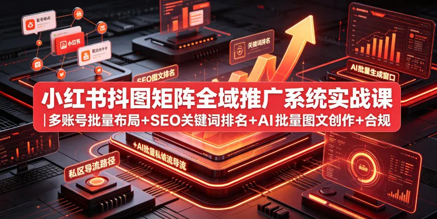 小红书抖图矩阵全域推广系统实战课｜多账号批量布局+SEO关键词排名+AI批量图文创作+合规私域导流完整落地教程-梦帆创业网
