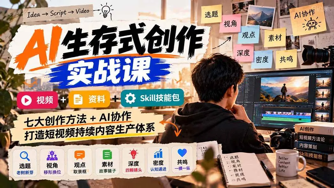 （21081期）AI生存式创作实战课：视频+资料+Skill技能包，七大创作方法+AI协作，打造短视频持续内容生产体系-梦帆创业网