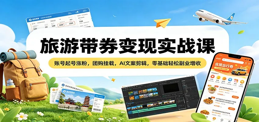 旅游带券变现实战课：账号起号涨粉，团购挂载，AI文案剪辑，零基础轻松副业增收-梦帆创业网