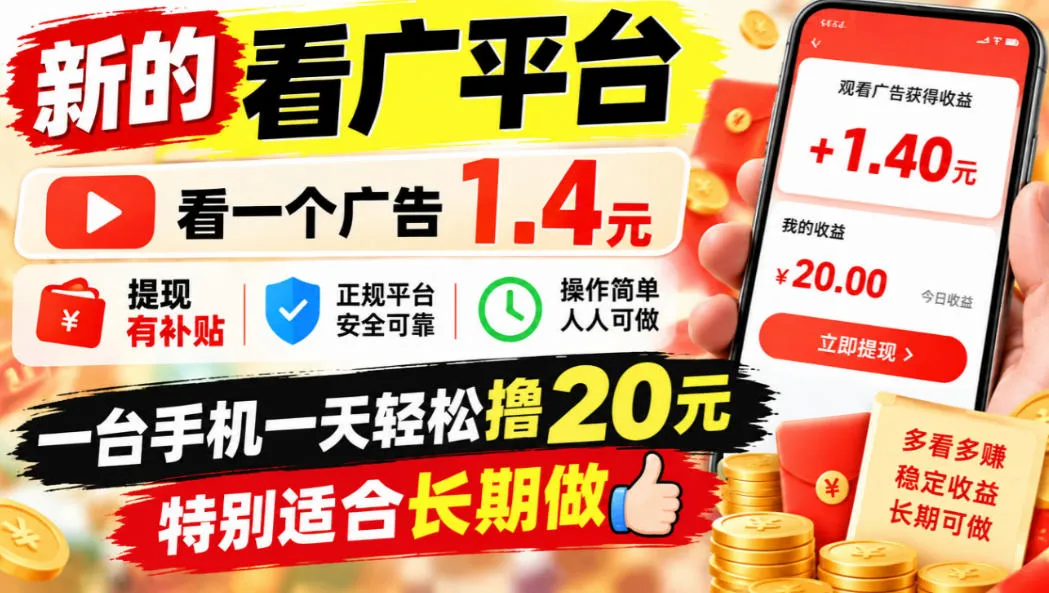一个新的看广平台,看一个广告1.4元,提现有补贴,一台手机一天轻松撸20+,特别适合长期做【揭秘】 一个新的看广平台,看一个广告1.4元,提现有补贴,一台手机一天轻松撸20+,特别适合长期做【揭秘】