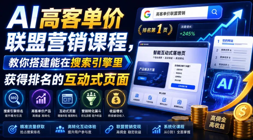 AI高客单价联盟营销课程，教你搭建能在搜索引擎里获得排名的互动式页面，引来流量，把访客转化为高佣金的成交【原创双语字幕】-梦帆创业网