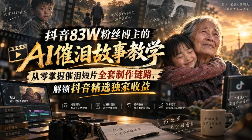 抖音83W粉丝博主的AI催泪故事教学,从零掌握催泪短片全套制作链路,解锁抖音精选独家收益 抖音83W粉丝博主的AI催泪故事教学,从零掌握催泪短片全套制作链路,解锁抖音精选独家收益
