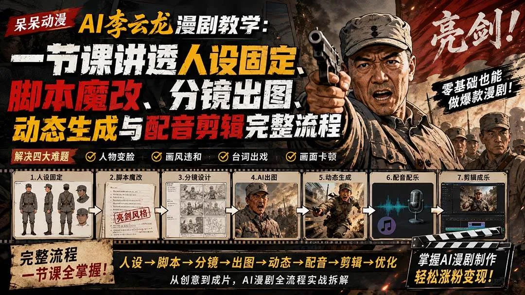 （20107期）呆呆动漫AI李云龙漫剧教学：一节课讲透人设固定、脚本魔改、分镜出图、动态生成与配音剪辑完整流程-梦帆创业网