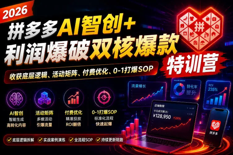 2026拼多多AI智创+利润爆破双核爆款特训营，收获底层逻辑、活动矩阵、付费优化、0-1打爆SOP-梦帆创业网