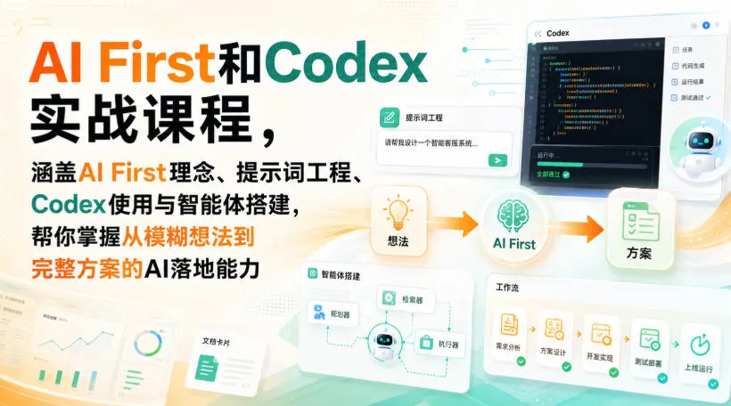 AI First和Codex实战课，涵盖AI First理念、提示词工程、Codex使用与智能体搭建，掌握从模糊想法到完整方案的AI落地能力-梦帆创业网