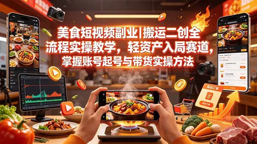 （19535期）美食短视频副业｜搬运二创全流程实操教学，轻资产入局赛道，掌握账号起号与带货实操方法-梦帆创业网