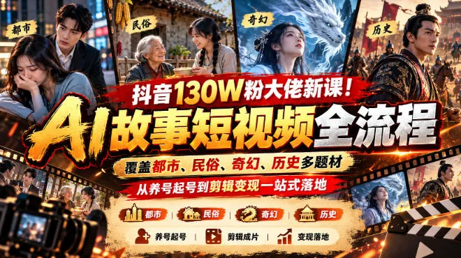 抖音130W粉大佬新课！AI故事短视频全流程，覆盖都市、民俗、奇幻、历史多题材，从养号起号到剪辑变现一站式落地-梦帆创业网