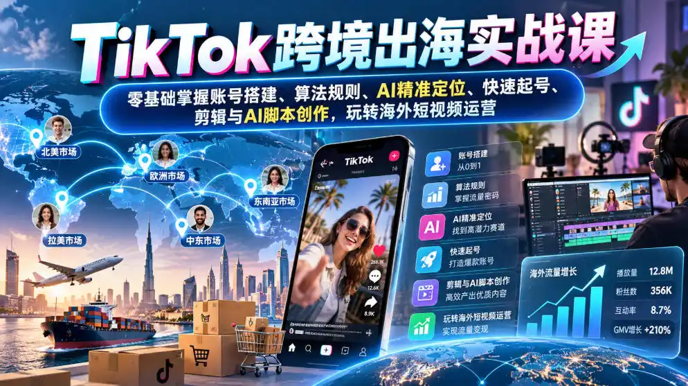 TikTok跨境出海实战课：零基础掌握账号搭建、算法规则、AI精准定位、快速起号、剪辑与AI脚本创作，玩转海外短视频运营-梦帆创业网