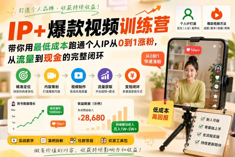 IP+爆款视频训练营，带你用最低成本跑通个人IP从0到1涨粉，从流量到现金的完整闭环-梦帆创业网