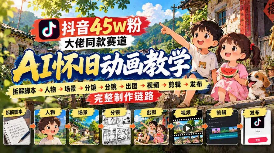 抖音45W粉大佬同款赛道AI怀旧动画实战课：拆解脚本→人物→场景→分镜→出图→视频→剪辑→发布完整制作链路-梦帆创业网