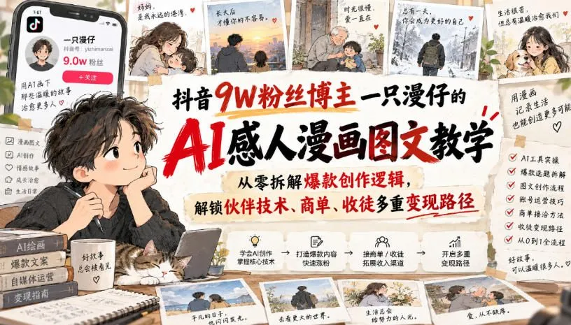 抖音9W粉丝博主一只漫仔的AI感人漫画图文教学，从零拆解爆款创作逻辑，解锁伙伴技术、商单、收徒多重变现路径-梦帆创业网