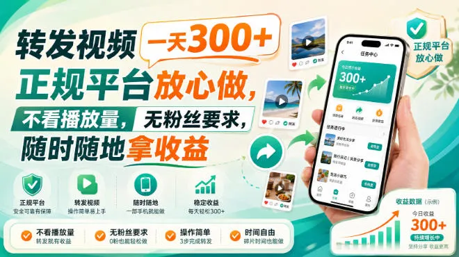 转发视频一天300+，正规平台放心做，不看播放量，无粉丝要求，随时随地拿收益【揭秘】-梦帆创业网