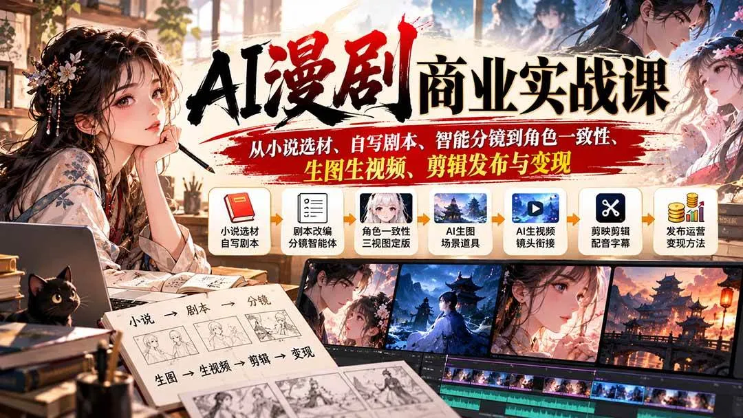 （20811期）AI漫剧商业实战课：从小说选材、自写剧本、智能分镜到角色一致性、生图生视频、剪辑发布与变现