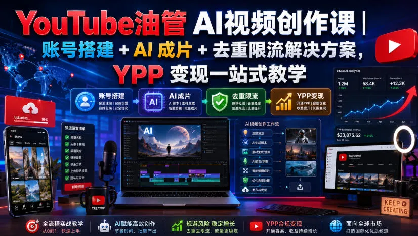 YouTube油管AI视频创作课｜账号搭建+AI成片+去重限流解决方案，YPP变现一站式教学-梦帆创业网