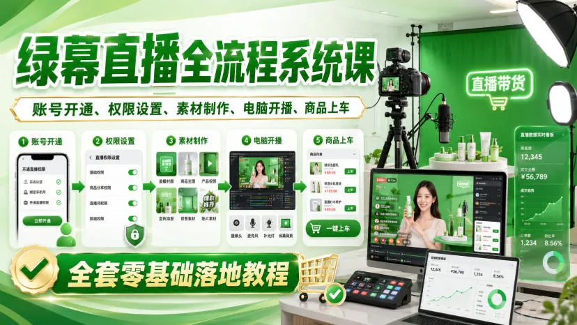 绿幕直播全流程系统课，账号开通、权限设置、素材制作、电脑开播、商品上车全套零基础落地教程-梦帆创业网