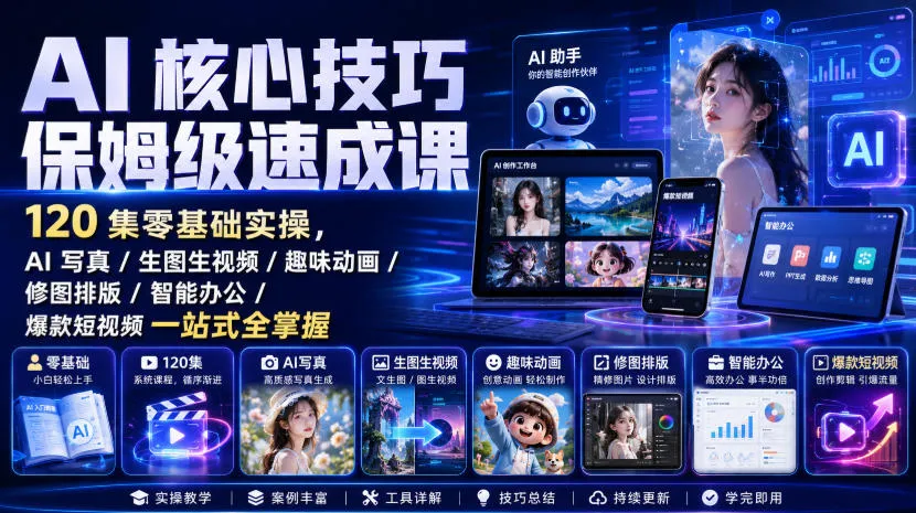 AI核心技巧保姆级速成课｜120集零基础实操，AI写真/生图生视频/趣味动画/修图排版/智能办公/爆款短视频一站式全掌握-梦帆创业网
