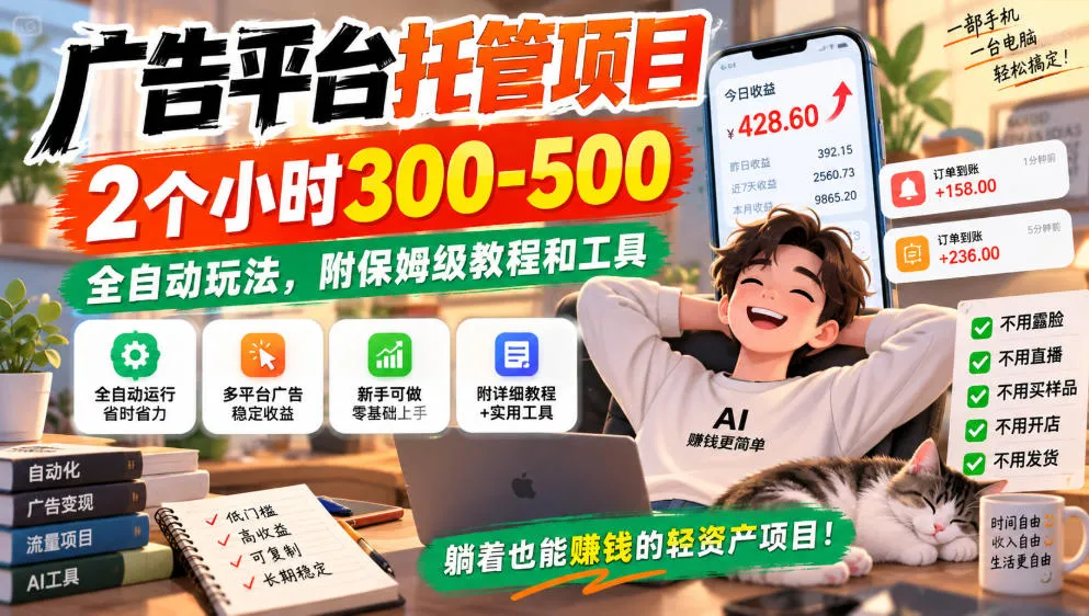 广告平台托管项目，2个小时300-500，全自动玩法，附保姆级教程和工具，小白照着就能做【揭秘】-梦帆创业网