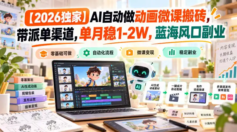 【2026独家】AI自动做动画微课搬砖，带派单渠道，单月稳1-2W，蓝海风口副业【揭秘】-梦帆创业网