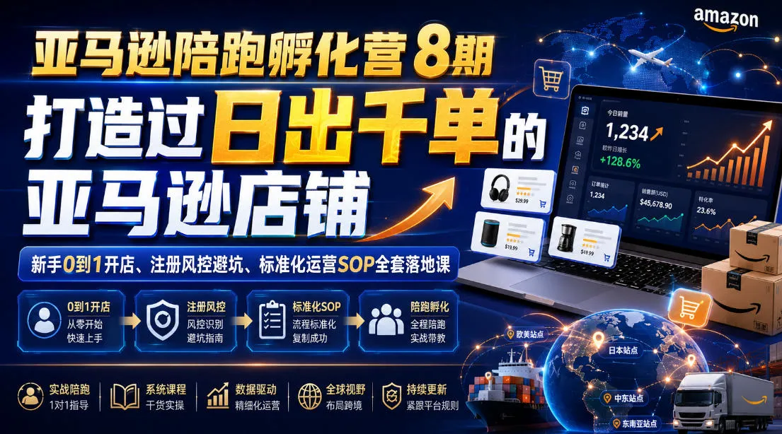 亚马逊陪跑孵化营8期，打造过日出千单的亚马逊店铺，新手0到1开店、注册风控避坑、标准化运营SOP全套落地课-梦帆创业网
