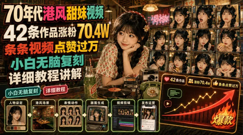 70年代港风甜妹视频，42条作品涨粉70.4W，条条视频点赞过万，小白无脑复刻，详细教程讲解-梦帆创业网