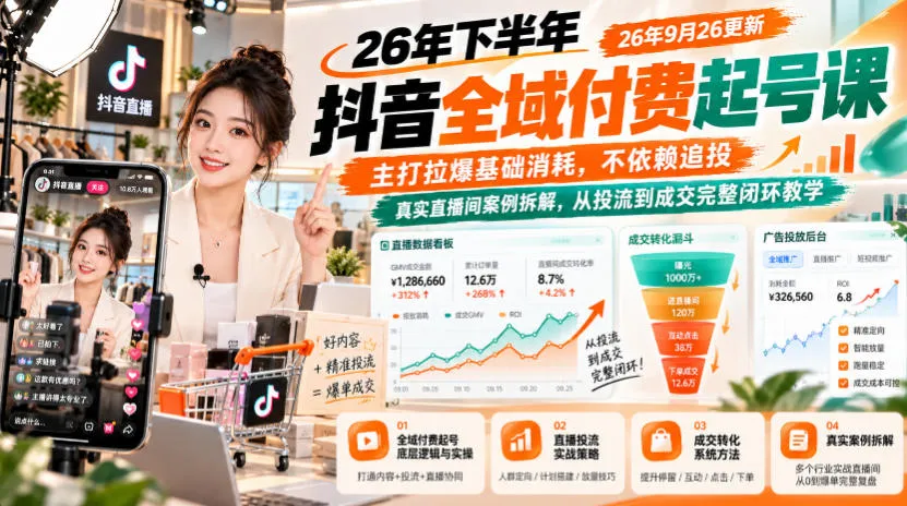 26年下半年抖音全域付费起号课26年9月26更新，主打拉爆基础消耗，不依赖追投，真实直播间案例拆解，从投流到成交完整闭环教学-梦帆创业网