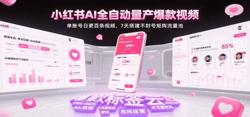 小红书AI全自动量产爆款视频，单账号日更百条视频，7天搭建不封号矩阵流量池-梦帆创业网