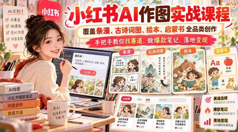 小红书AI作图实战课程，覆盖条漫、古诗词图、绘本、启蒙书全品类创作，手把手教你找赛道、做爆款笔记、落地变现-梦帆创业网