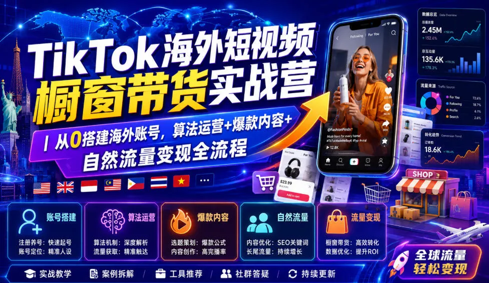 TikTok海外短视频橱窗带货实战营｜从0搭建海外账号，算法运营+爆款内容+自然流量变现全流程-梦帆创业网