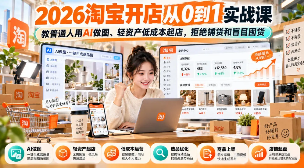2026淘宝开店从0到1实战课,教普通人用AI做图、轻资产低成本起店,拒绝铺货和盲目囤货 2026淘宝开店从0到1实战课,教普通人用AI做图、轻资产低成本起店,拒绝铺货和盲目囤货