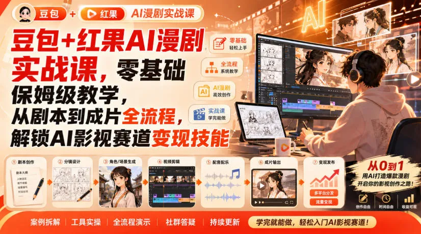 豆包+红果AI漫剧实战课，零基础保姆级教学，从剧本到成片全流程，解锁AI影视赛道变现技能-梦帆创业网