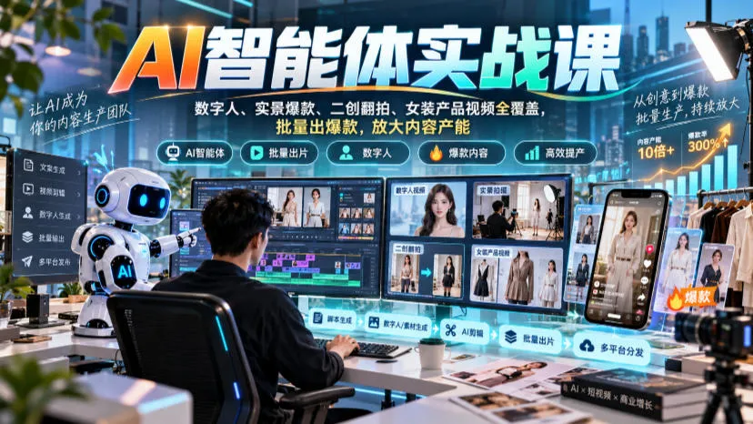 AI智能体实战课，数字人、实景爆款、二创翻拍、女装产品视频全覆盖，批量出爆款，放大内容产能-梦帆创业网