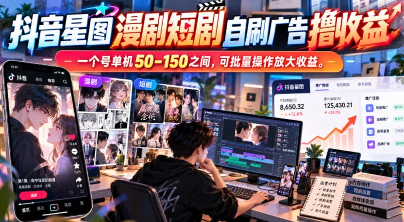 抖音星图漫剧短剧自刷广告撸收益，一个号单机50-150之间，可批量操作放大收益-梦帆创业网