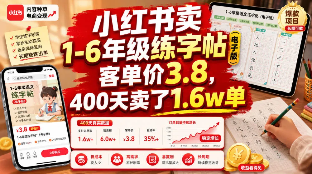 小红书卖1-6年级练字帖（电子版），客单价3.8，400天卖了1.6w单-梦帆创业网