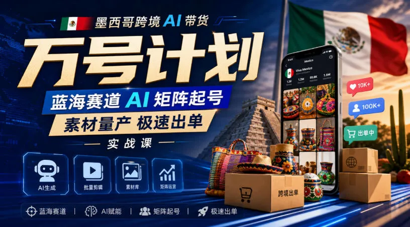 墨西哥跨境AI带货万号计划,蓝海赛道AI矩阵起号,素材量产极速出单实战课 墨西哥跨境AI带货万号计划,蓝海赛道AI矩阵起号,素材量产极速出单实战课