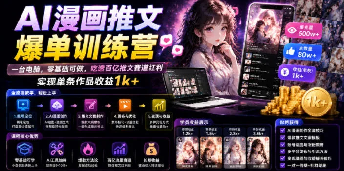 AI漫画推文爆单训练营，一台电脑，零基础可做，吃透百亿推文赛道红利，实现单条作品收益1k+（更新0705）-梦帆创业网