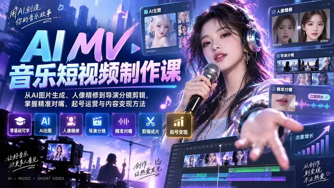 （20364期）AI MV音乐短视频制作课：从AI图片生成、人像精修到导演分镜剪辑，掌握精准对嘴、起号运营与内容变现方法-梦帆创业网