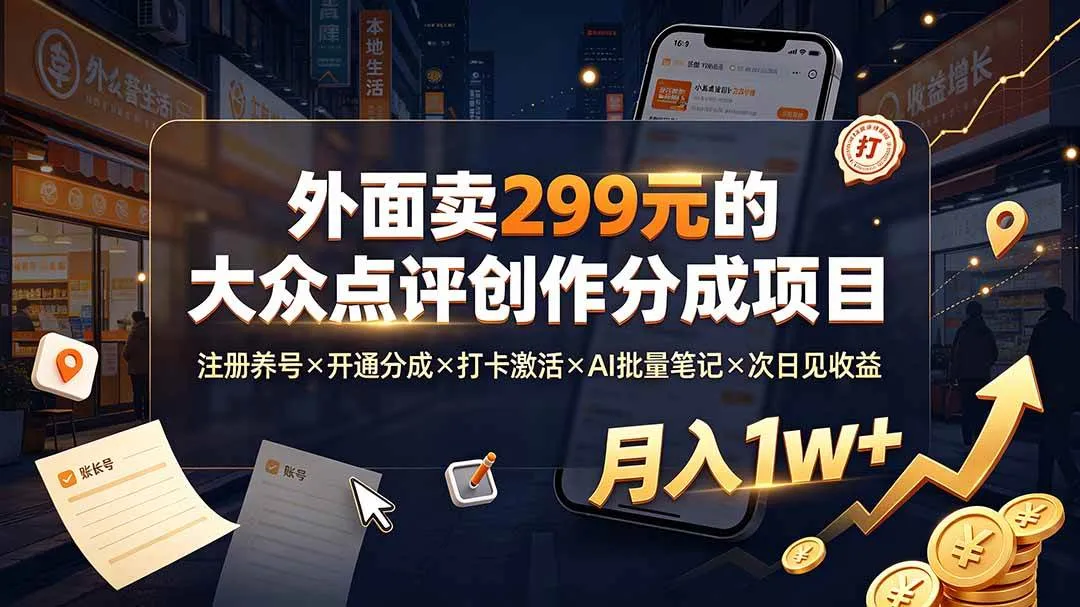 （19488期）外面卖299元的大众点评创作分成项目：注册养号×开通分成×打卡激活×AI批量笔记×次日见收益，月入1w+-梦帆创业网