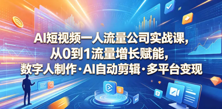 AI短视频一人流量公司实战课，从0到1流量增长赋能，数字人制作・AI自动剪辑・多平台变现，一人做流量生意全落地教程-梦帆创业网