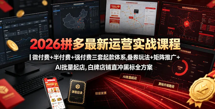 2026拼多多最新运营实战课程｜微付费+半付费+强付费三套起款体系，叠券玩法+矩阵推广+AI批量起店，白牌店铺直冲黑标全方案-梦帆创业网