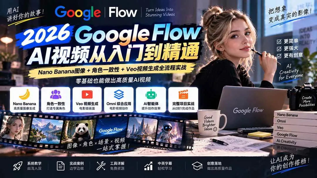 （20608期）【无水印】Google Flow AI视频从入门到精通：Nano Banana图像+角色一致性+Veo视频生成全流程实战-精翻中英字幕-梦帆创业网