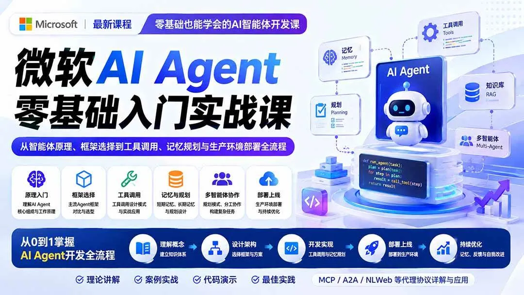 (19977期)微软AI Agent零基础入门实战课:从智能体原理、框架选择到工具调用、记忆规划与生产环境部署全流程 (19977期)微软AI Agent零基础入门实战课:从智能体原理、框架选择到工具调用、记忆规划与生产环境部署全流程