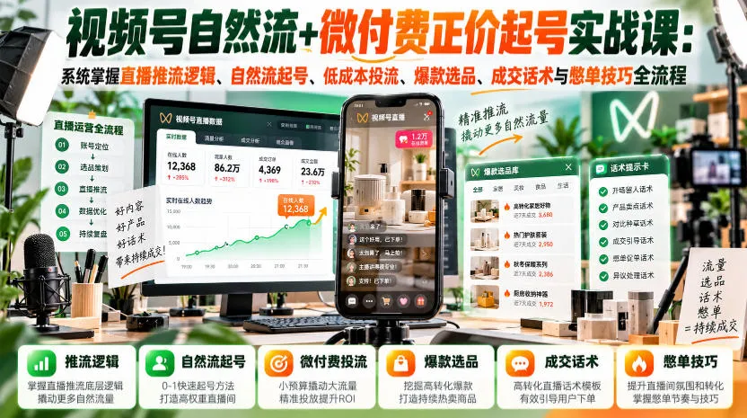 视频号自然流+微付费正价起号实战课:系统掌握直播推流逻辑、自然流起号、低成本投流、爆款选品、成交话术与憋单技巧全流程 视频号自然流+微付费正价起号实战课:系统掌握直播推流逻辑、自然流起号、低成本投流、爆款选品、成交话术与憋单技巧全流程