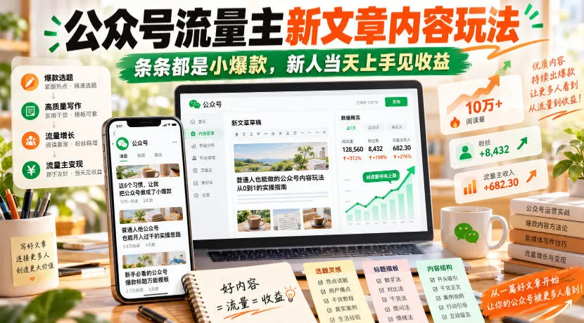 公众号流量主新文章内容玩法，条条都是小爆款，新人当天上手见收益-梦帆创业网