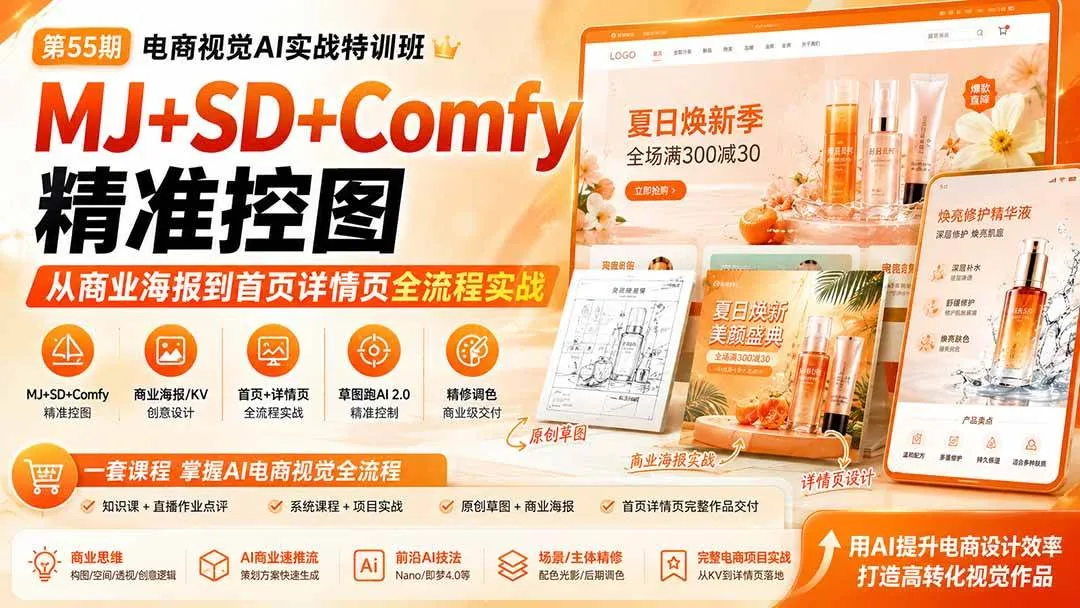 （20027期）电商视觉 AI实战训练营第55期：MJ+SD+Comfy精准控图，从商业海报到首页详情页全流程实战-梦帆创业网
